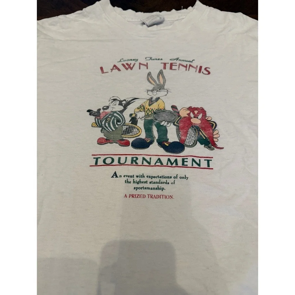 Vintage 1991 Looney Tunes Lawn Tennis T-Shirt Acme‎ Clothing Co White Large USA
